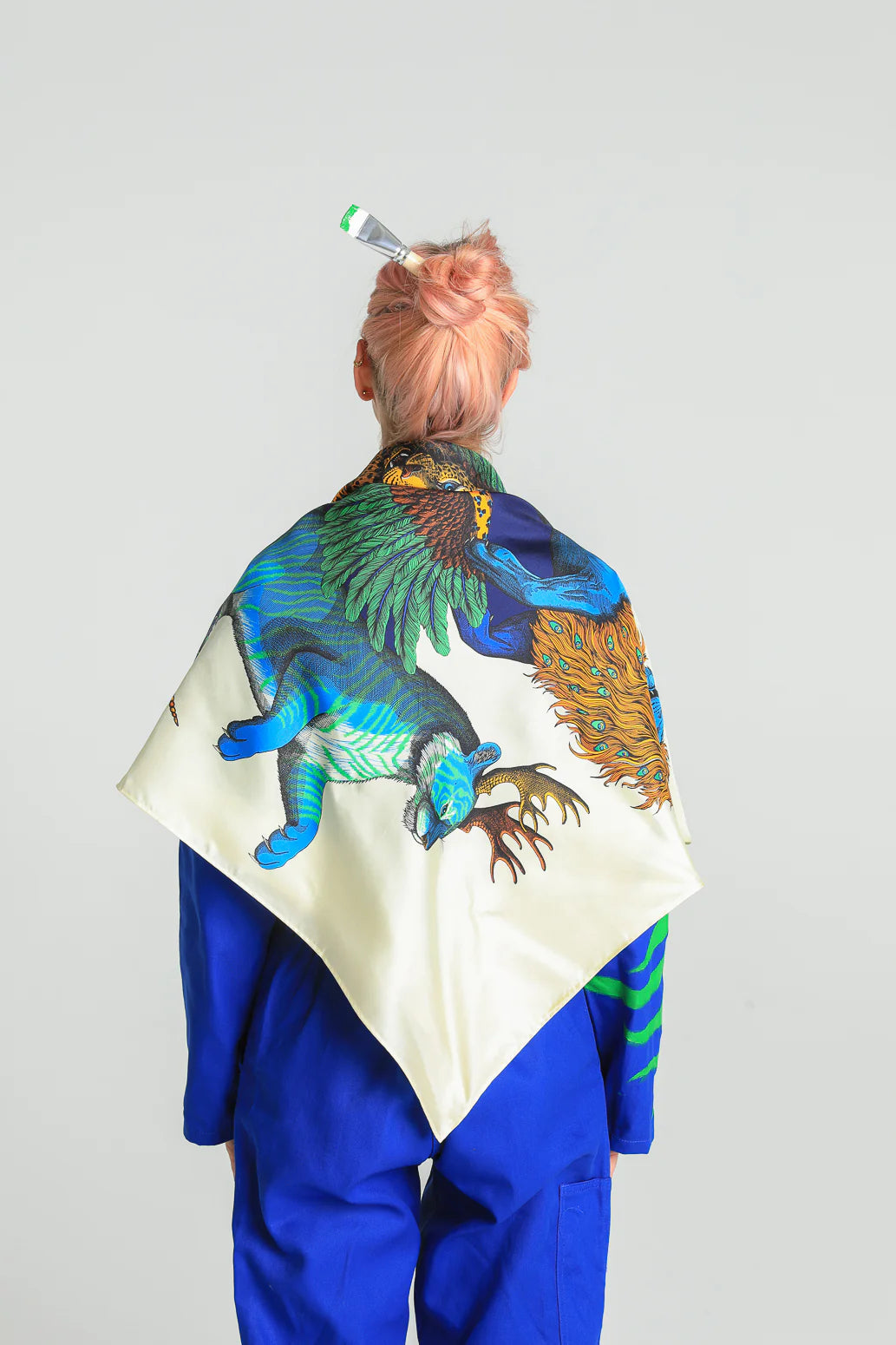 Année foulard en soie Animaux Fantastiques bleu vert flashy made in France