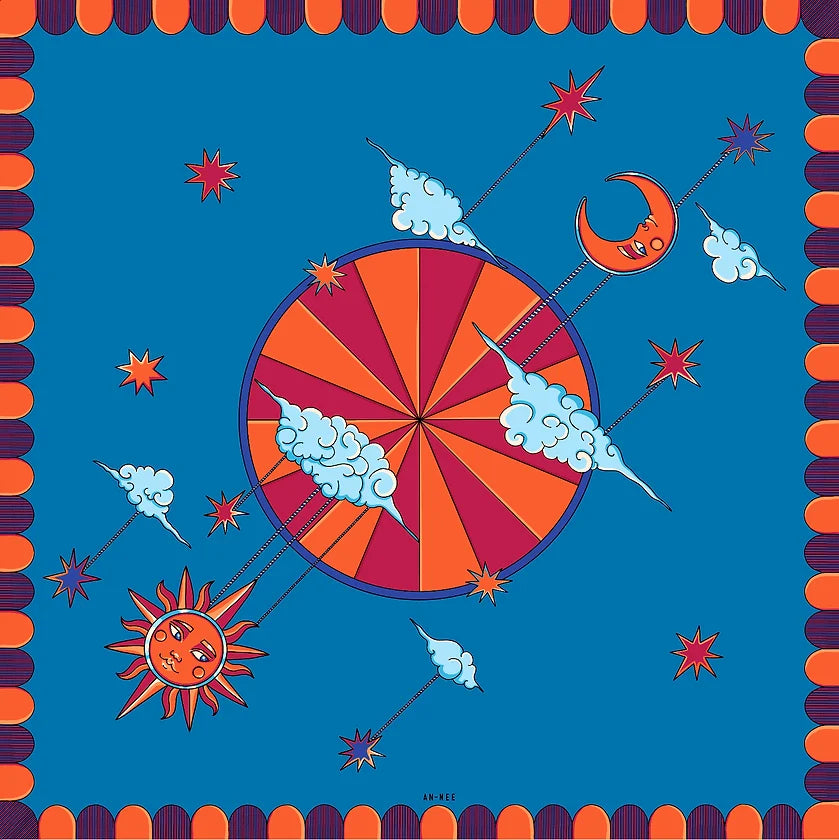 Année foulard en soie Cirque soleil lune bleu bandana