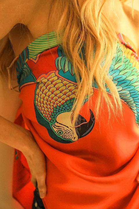 Année foulard en soie Perroquet corail rose turquoise