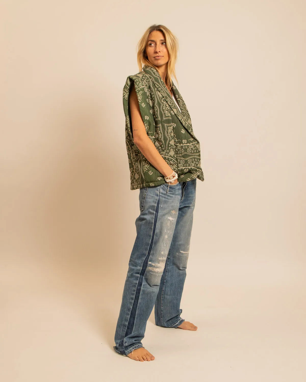 Aokyanos veste kimono Brooklyn sans manches bandana kaki