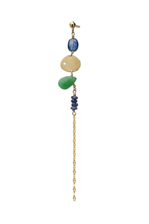 Fotini Psarouli solo earring Rainbow Kyanite Chrysoprase Sapphires 14k gold