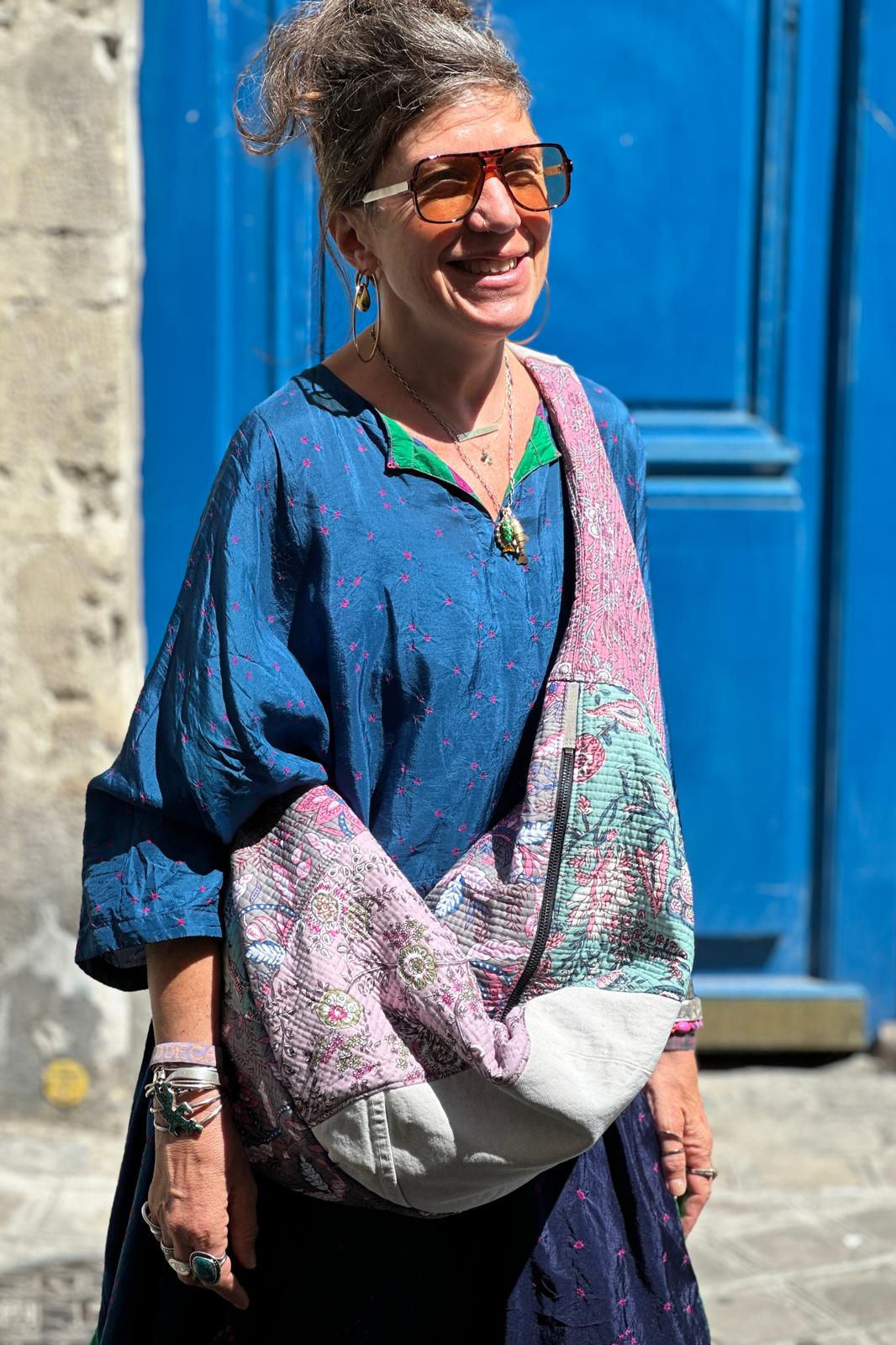 Yaya besace canvas Kantha et denim upcyclé