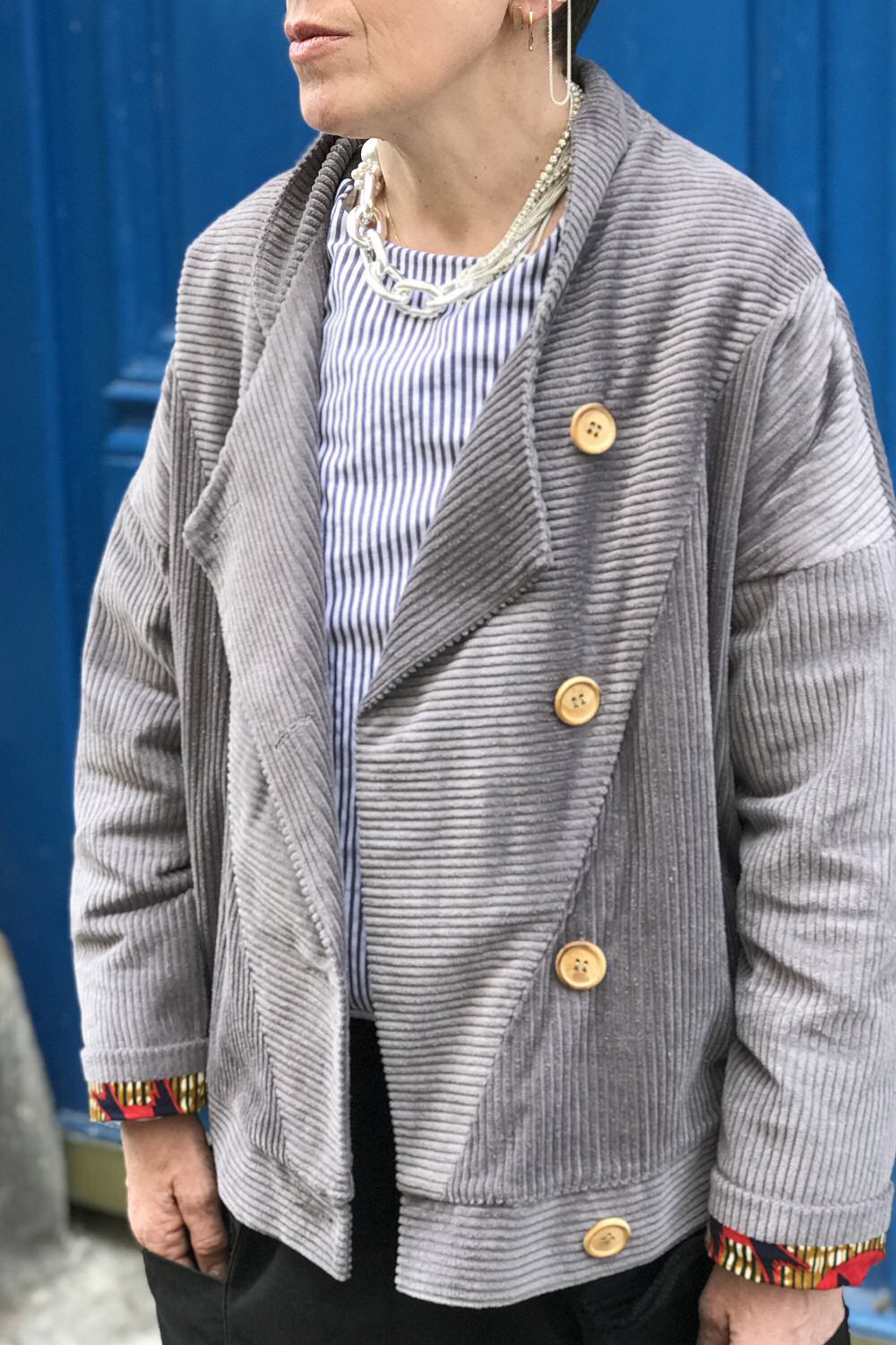 Matières à réflexion veste Michael velours gris et wax