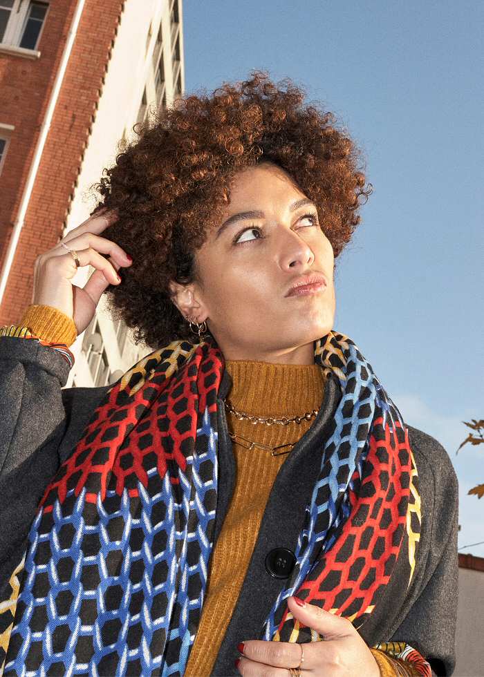 XWinter | Mii foulard en laine et soie graphique Maille rouge bleu jaune