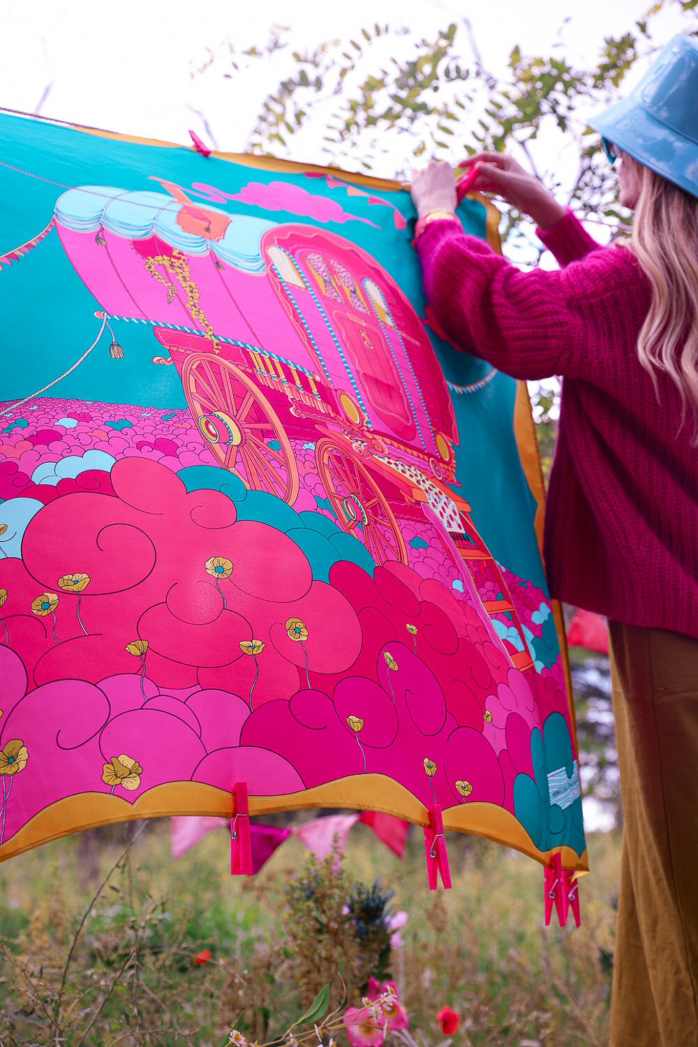 Année foulard en soie Adresse Inconnue Roulotte rose turquoise