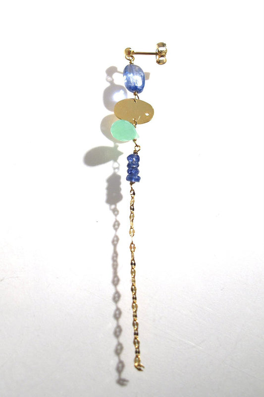 Fotini Psarouli solo earring Rainbow Kyanite Chrysoprase Sapphires 14k gold