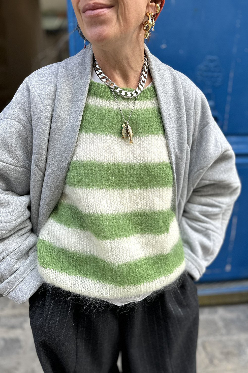 Charlotte Sometime pull Rayures vert tricoté main