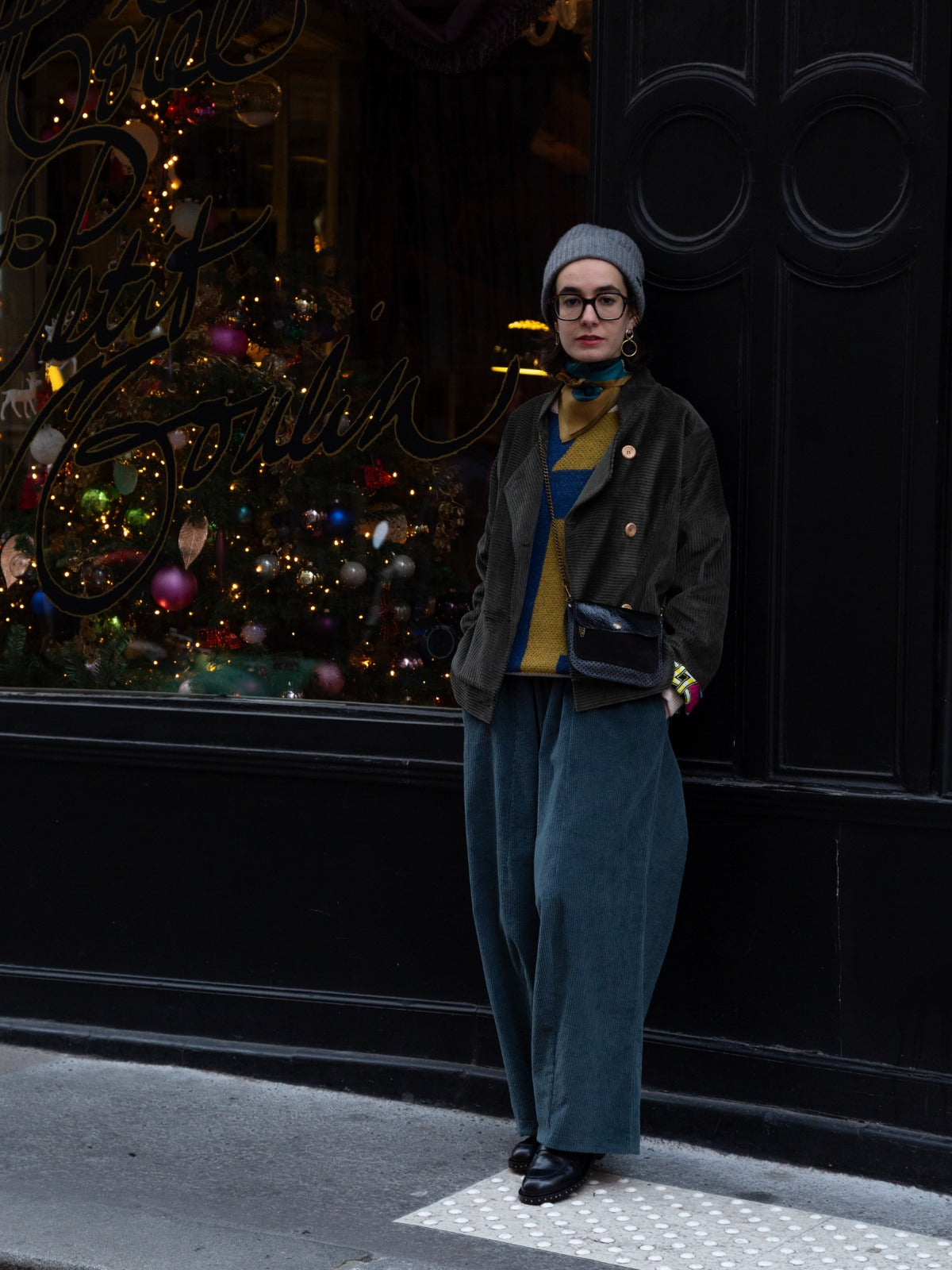 Matières à réflexion veste Michael velours vert bronze doublure wax