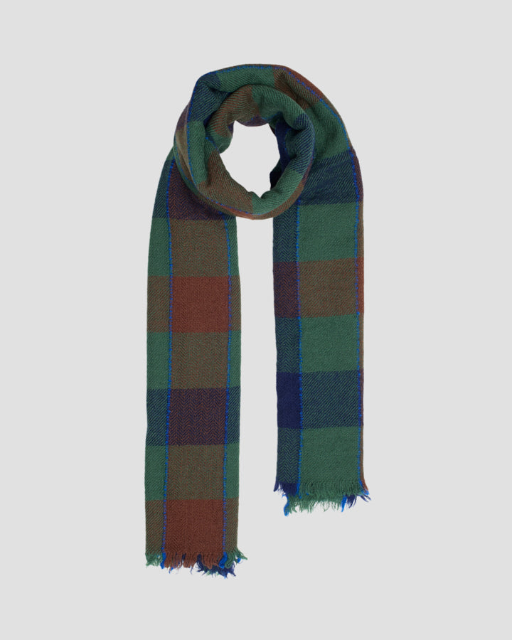 Lovat & Green foulard en laine Mozart carreaux vert ocre bleu