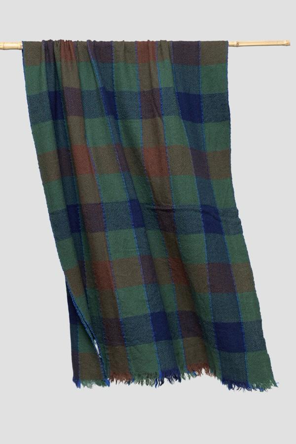 Lovat & Green foulard en laine Mozart carreaux vert ocre bleu