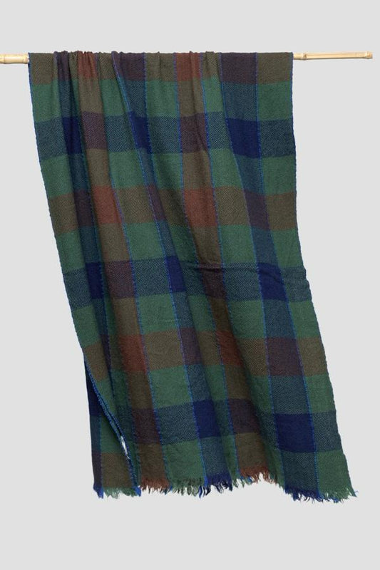 Lovat & Green foulard en laine Mozart carreaux vert ocre bleu