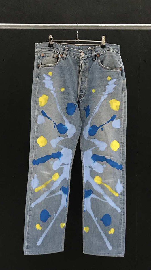Mirco Gaspari jeans upcyclé splash jaune bleu