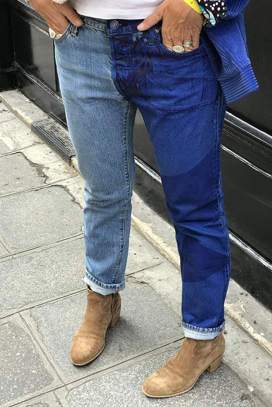 Mirco Gaspari jeans vintage upcyclé sérigraphié indigo