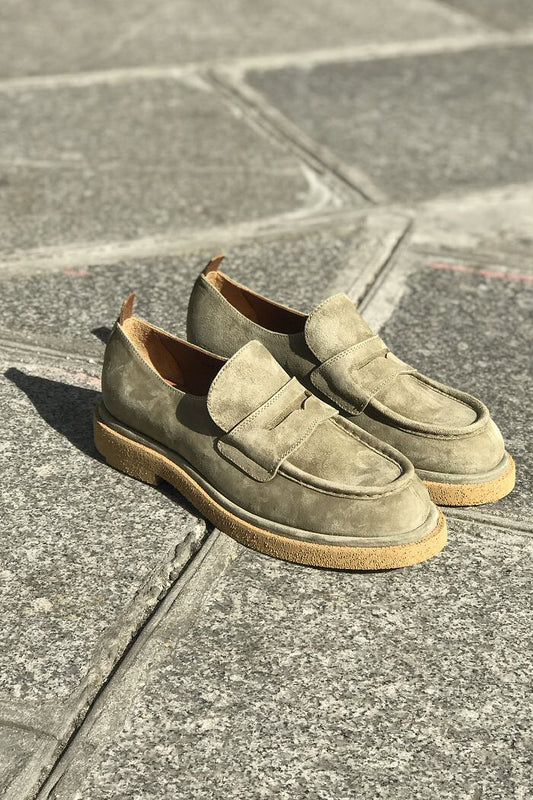 Elia Maurizi olive suede loafers with crepe sole